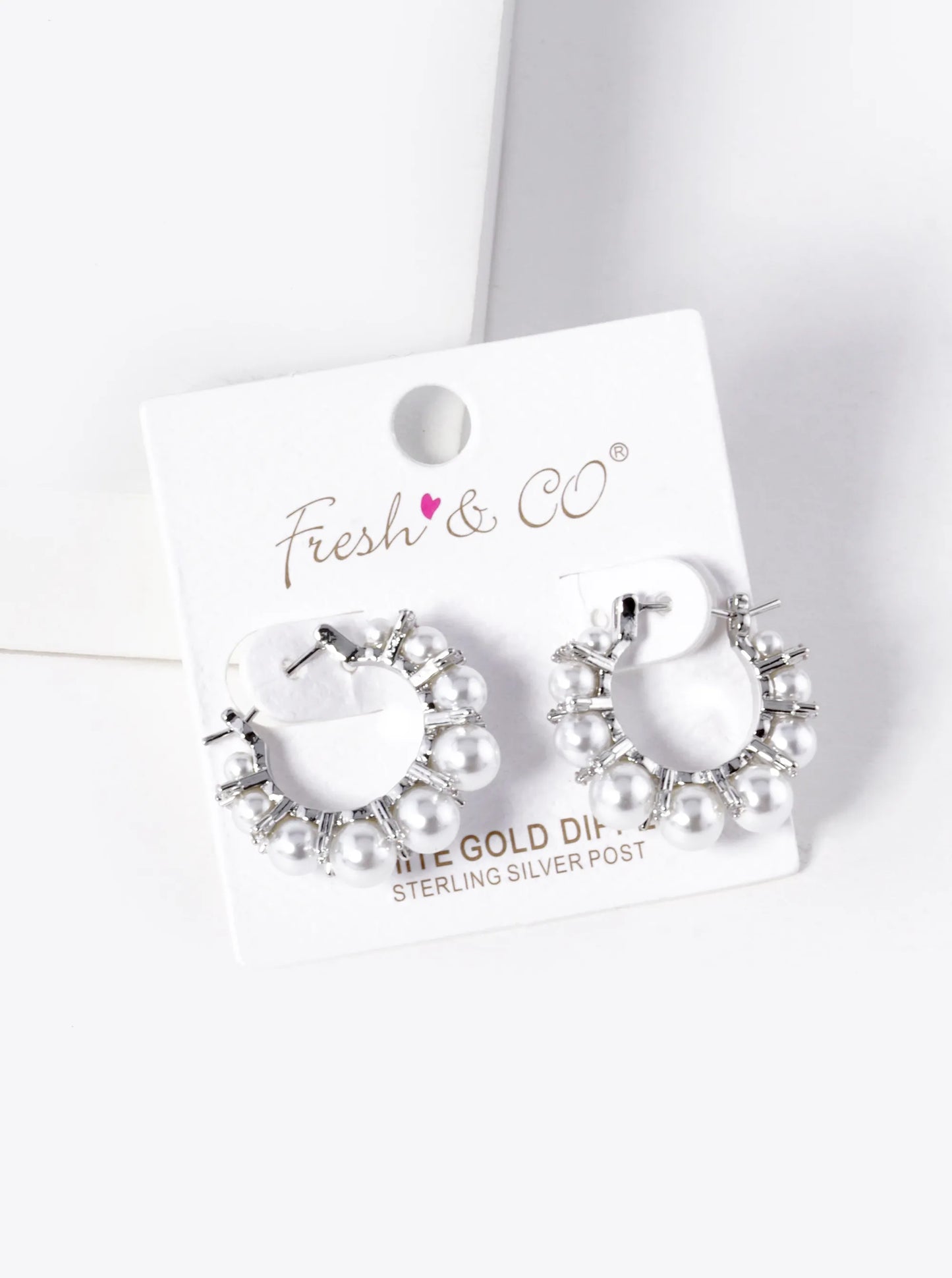 White Gold Dipped CZ Stone Pearl Beaded 15mm Hoop Earrings