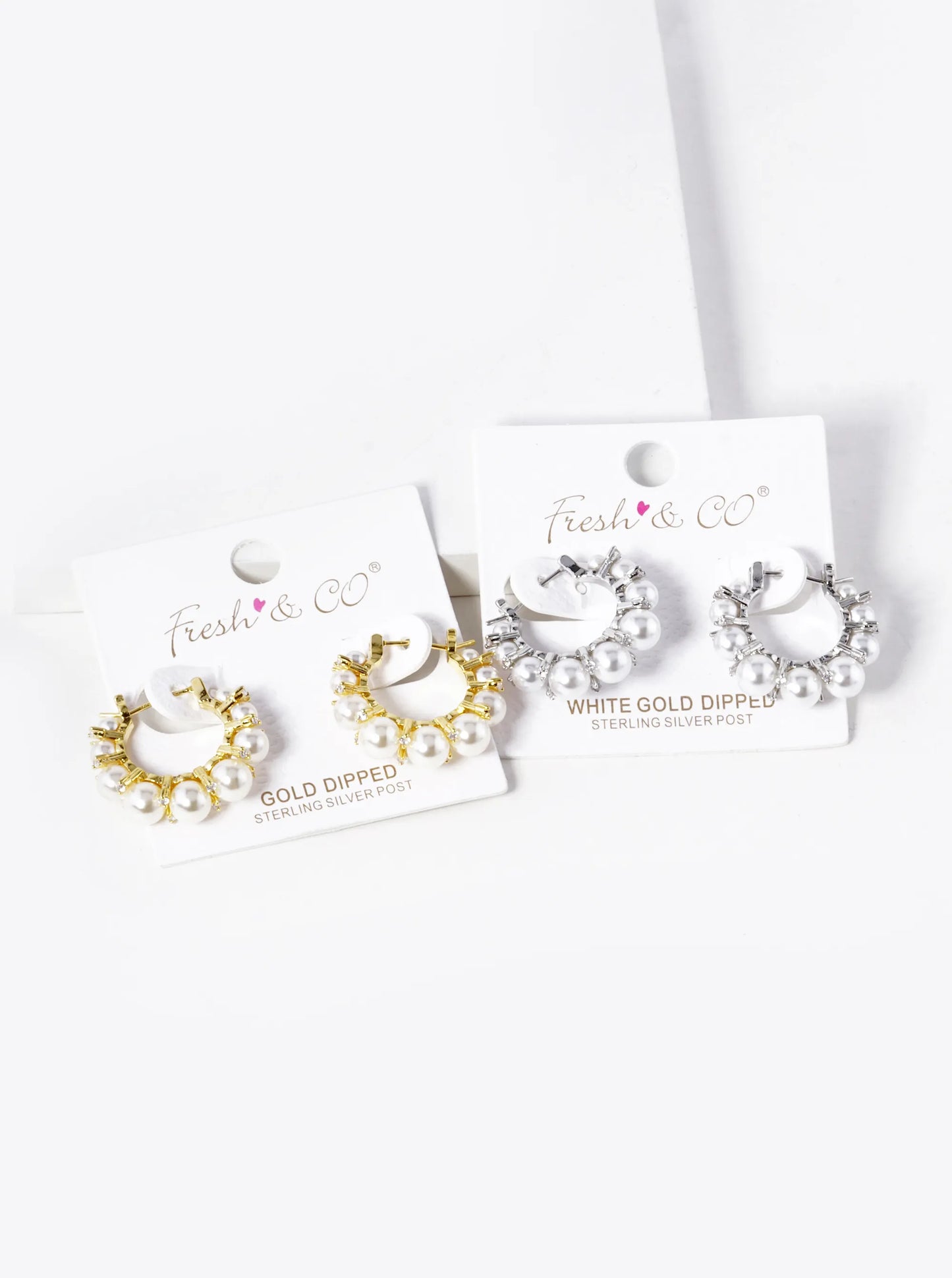 White Gold Dipped CZ Stone Pearl Beaded 15mm Hoop Earrings