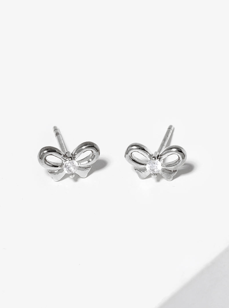White Gold Dipped CZ Stone Ribbon Bow Post Stud Earrings