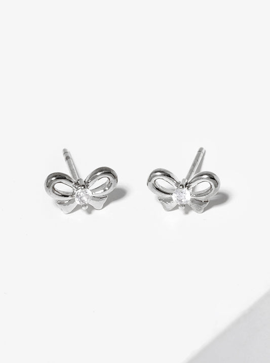 White Gold Dipped CZ Stone Ribbon Bow Post Stud Earrings
