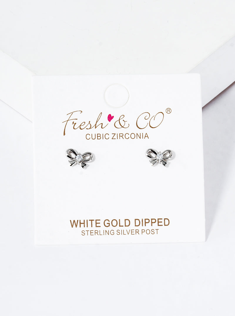 White Gold Dipped CZ Stone Ribbon Bow Post Stud Earrings