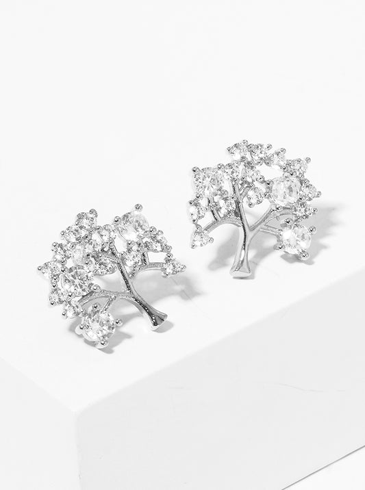 White Gold Dipped CZ Tree Of Life Stud Earrings