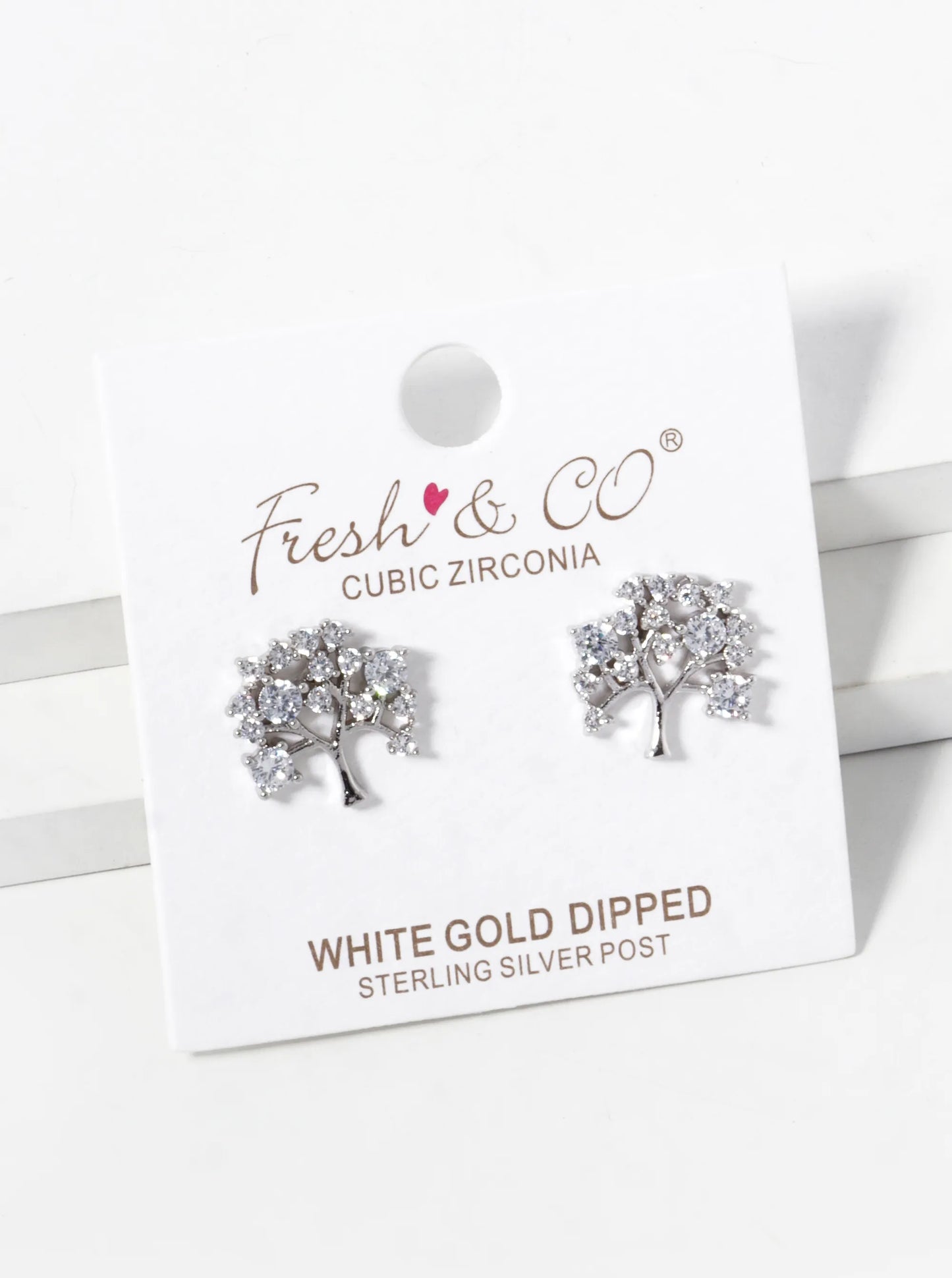 White Gold Dipped CZ Tree Of Life Stud Earrings