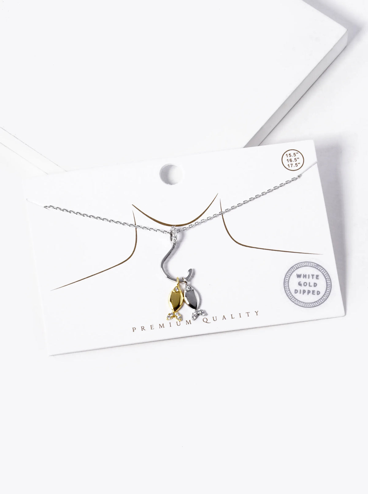 White Gold Dipped CZ Two Fish With A Hook Pendant Necklace