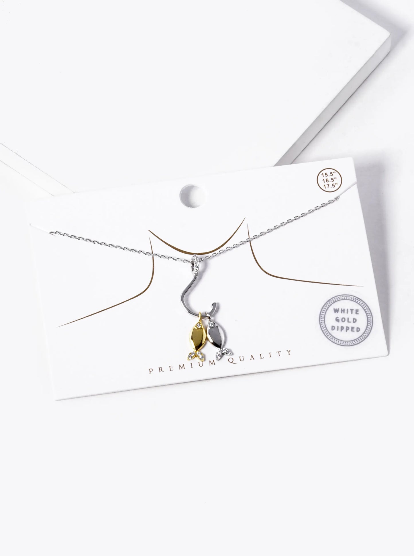 White Gold Dipped CZ Two Fish With A Hook Pendant Necklace