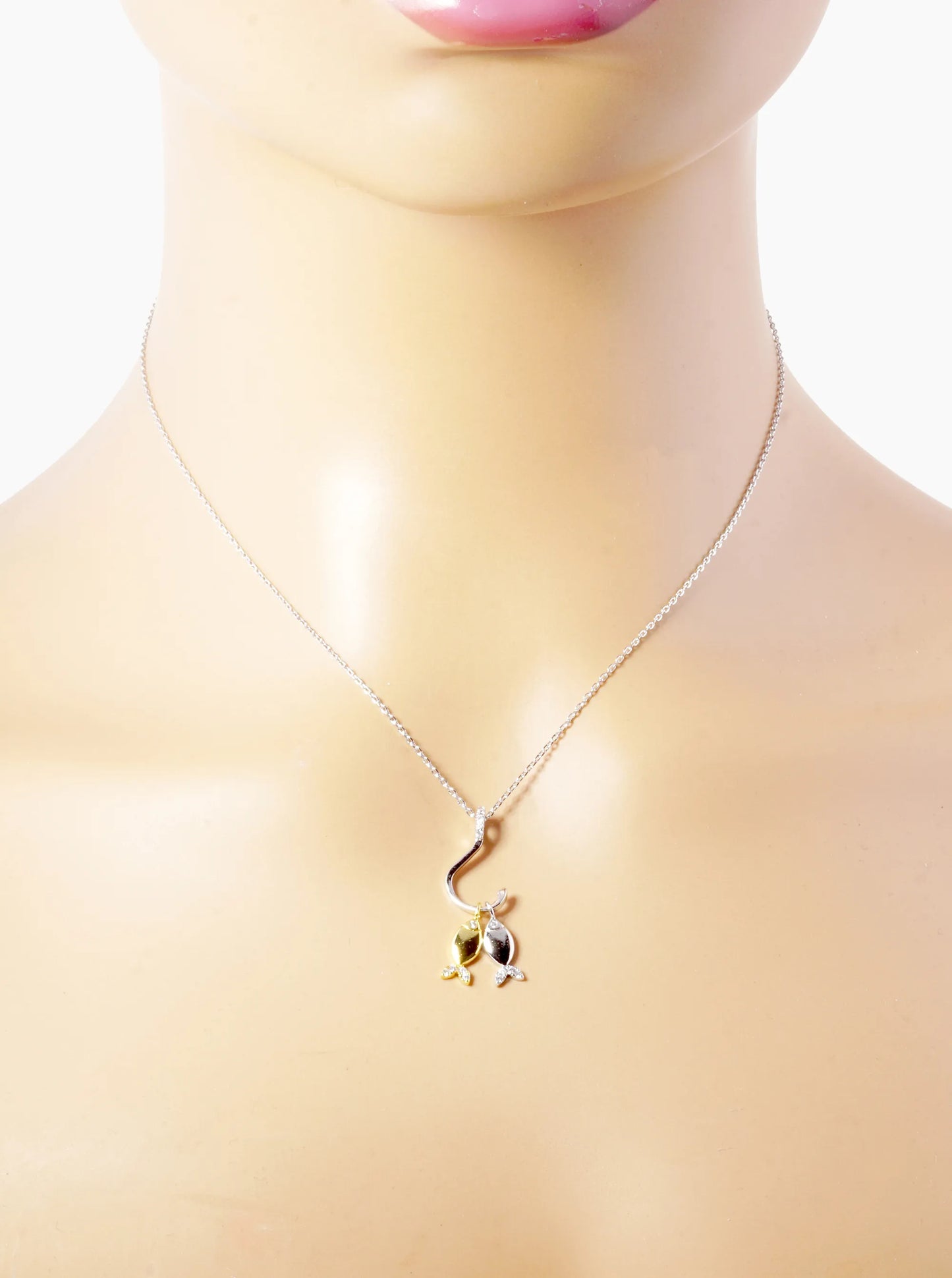 White Gold Dipped CZ Two Fish With A Hook Pendant Necklace