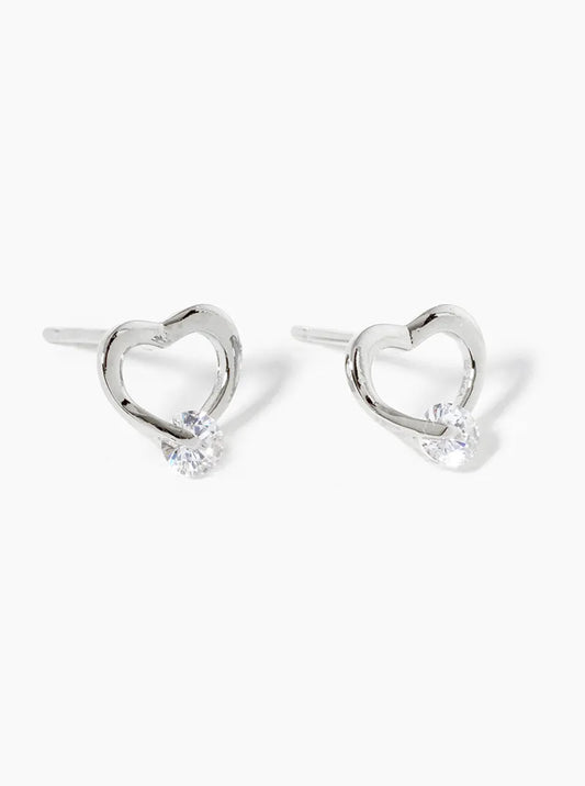 White Gold Dipped CZ Stone Delicate Heart Post Stud Earrings