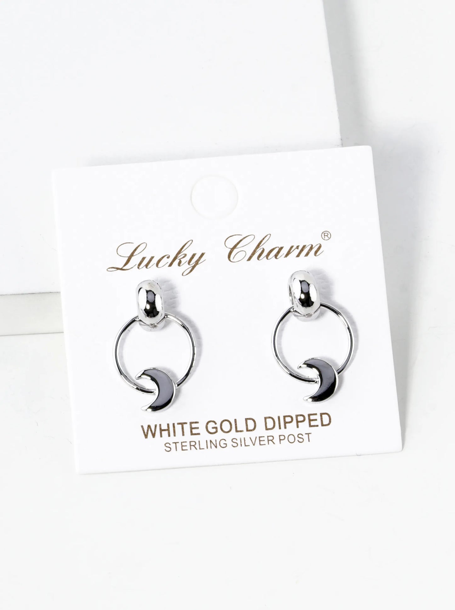 White Gold Dipped Crescent Moon Drop Door Knocker Post Earrings
