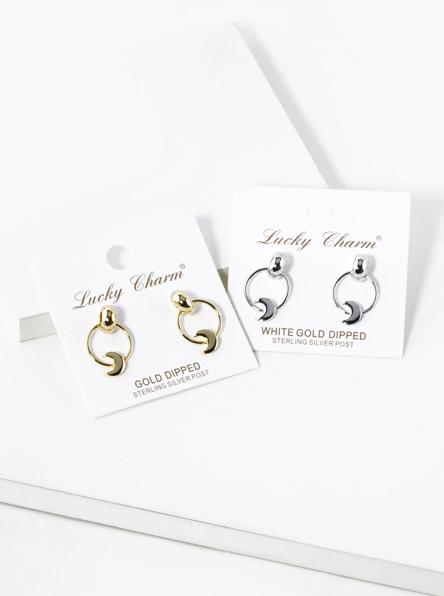 White Gold Dipped Crescent Moon Drop Door Knocker Post Earrings