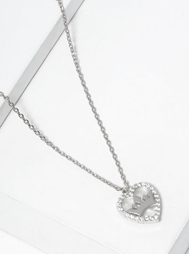 White Gold Dipped Crown In CZ Pave MOP Heart Pendant Necklace