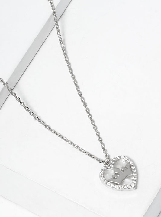 White Gold Dipped Crown In CZ Pave MOP Heart Pendant Necklace