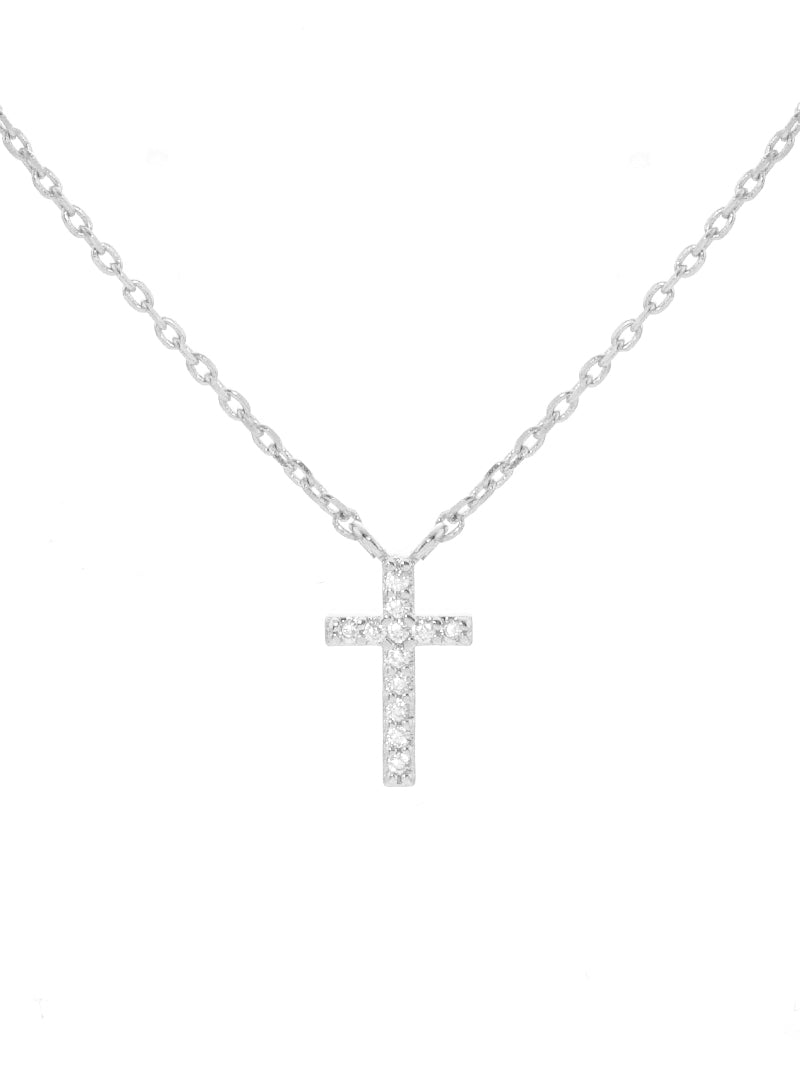 White Gold Dipped Cubic Zirconia Pave Cross Pendant Delicate Necklace