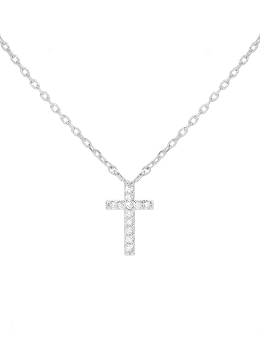 White Gold Dipped Cubic Zirconia Pave Cross Pendant Delicate Necklace