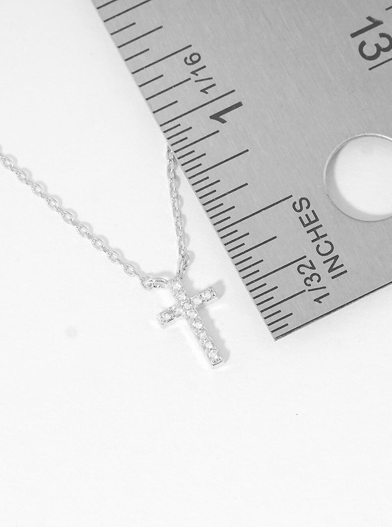White Gold Dipped Cubic Zirconia Pave Cross Pendant Delicate Necklace