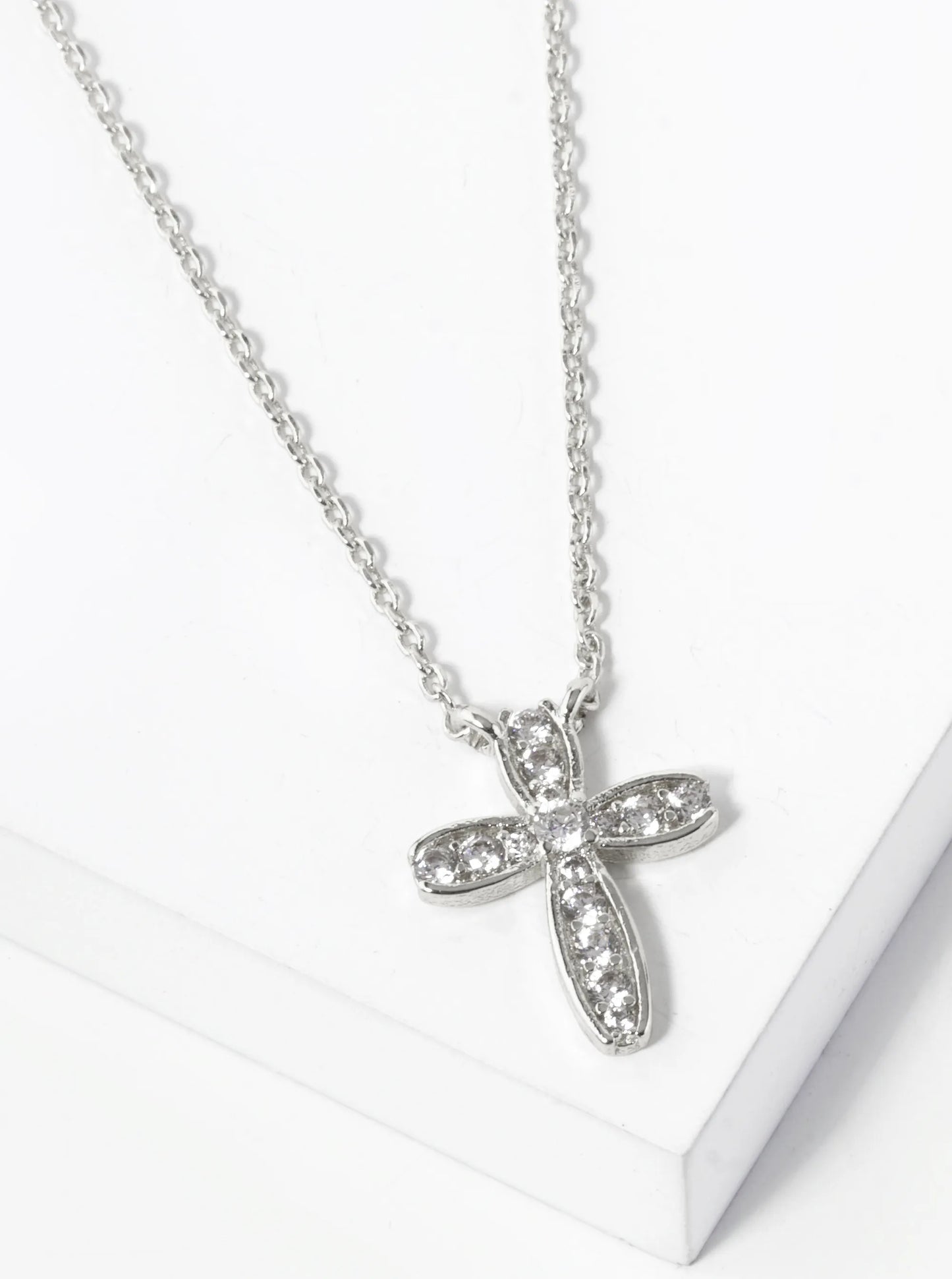 White Gold Dipped Cubic Zirconia Pave Cross Pendant Necklace