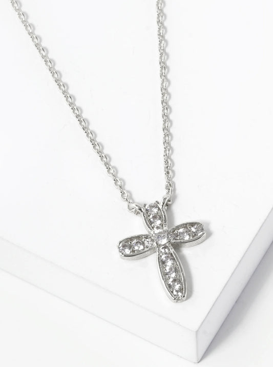 White Gold Dipped Cubic Zirconia Pave Cross Pendant Necklace