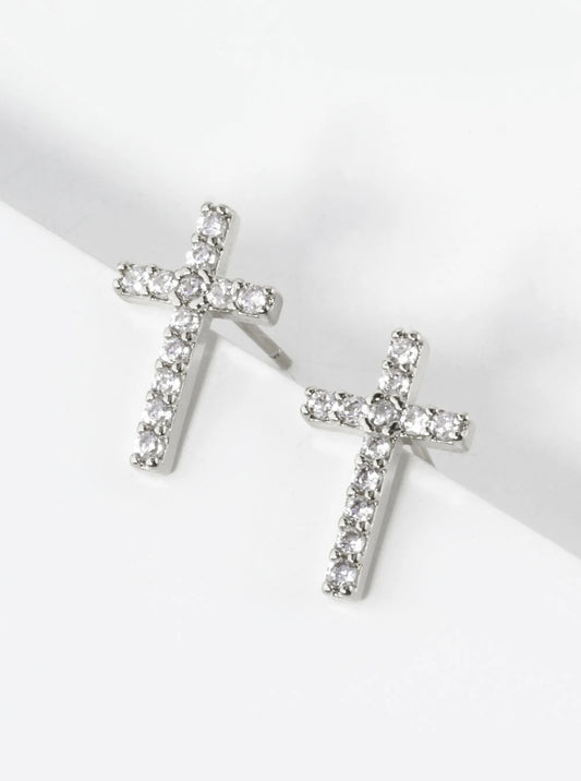 White Gold Dipped Baguette CZ Cross Stud Earrings
