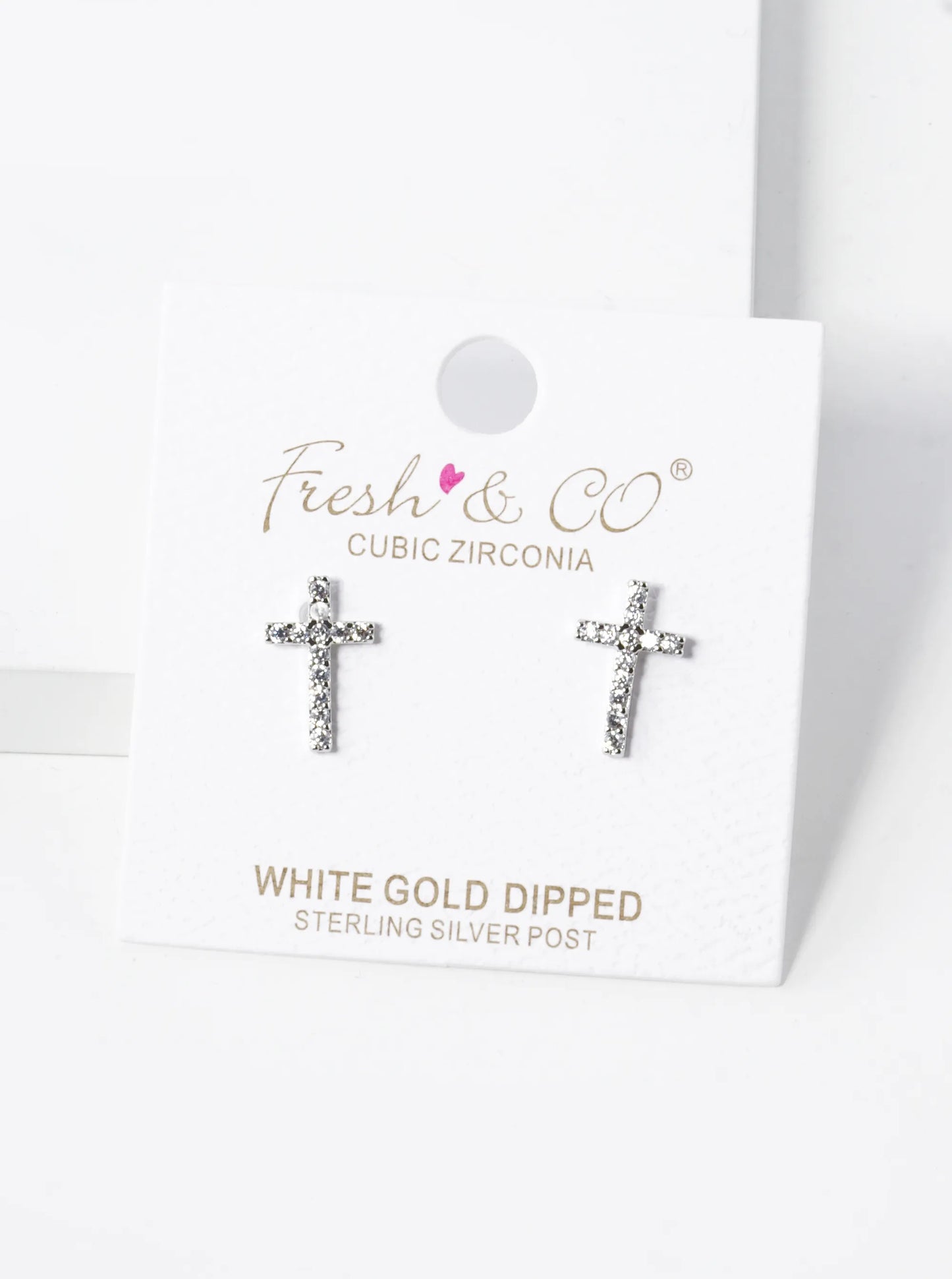 White Gold Dipped Cubic Zirconia Pave Cross Stud Earrings