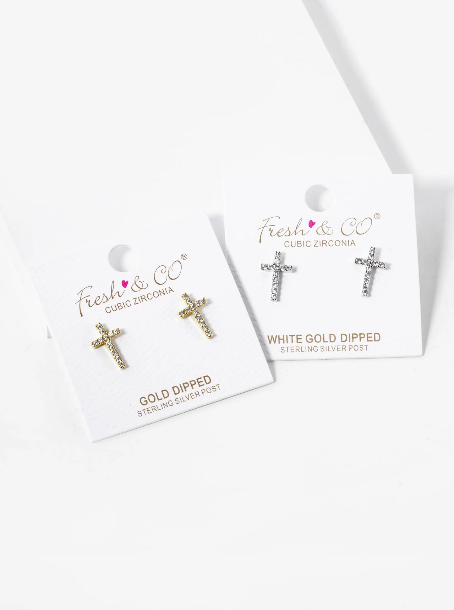 White Gold Dipped Baguette CZ Cross Stud Earrings