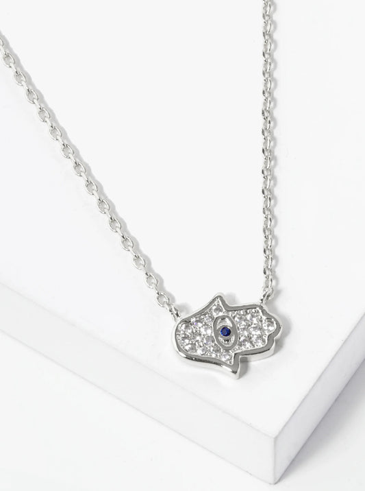 White Gold Dipped Cubic Zirconia Pave Hamsa Pendant Necklace