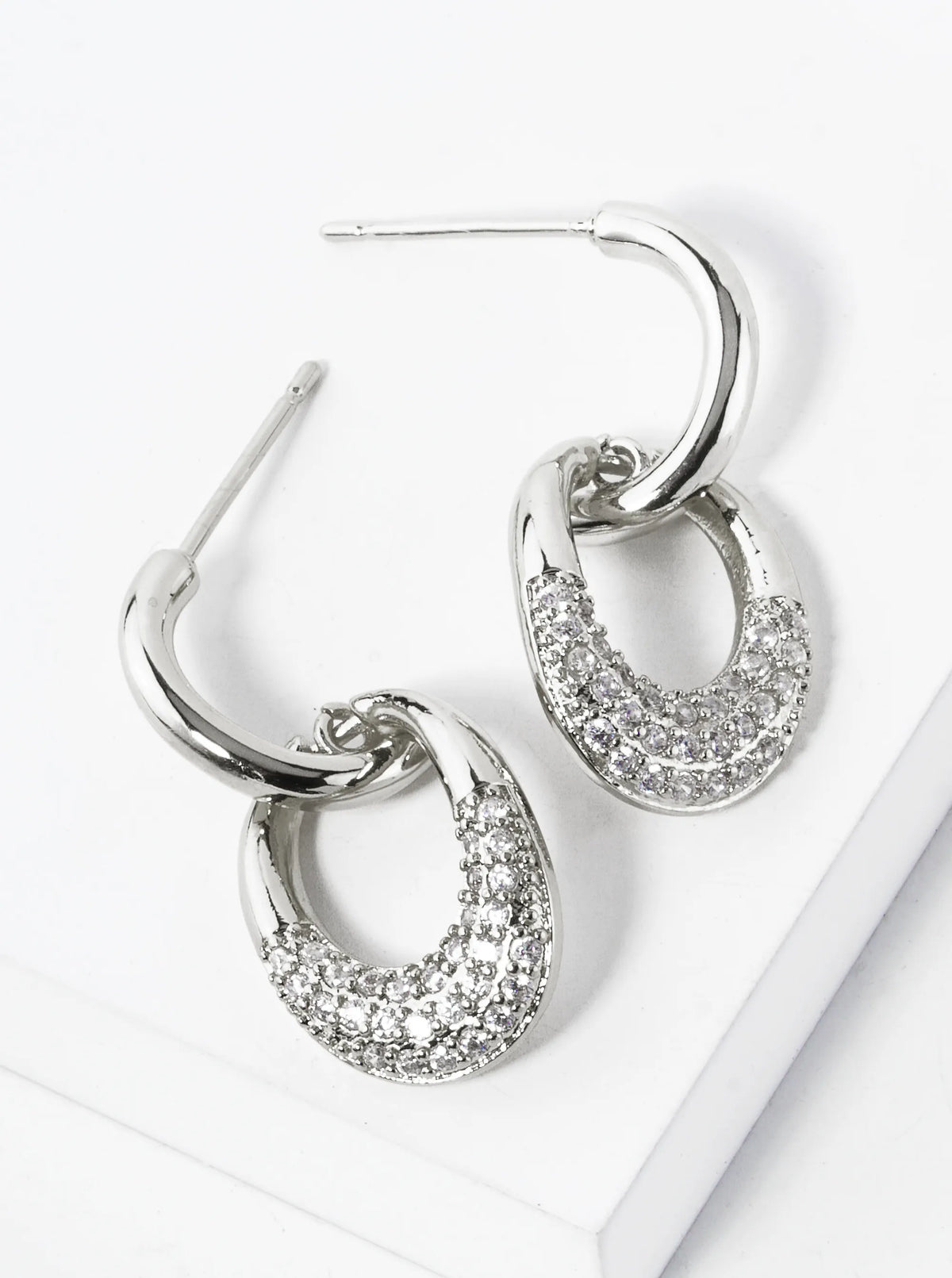 White Gold Dipped Cubic Zirconia Pave Oval Door Knocker Post Earrings