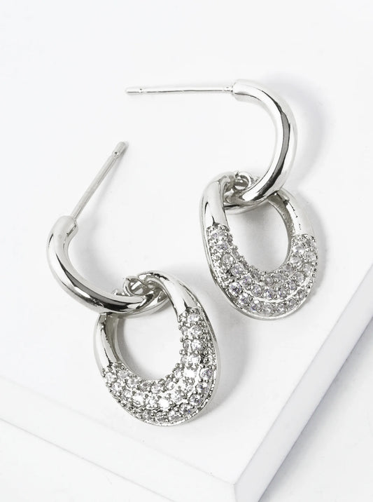 White Gold Dipped Cubic Zirconia Pave Oval Door Knocker Post Earrings