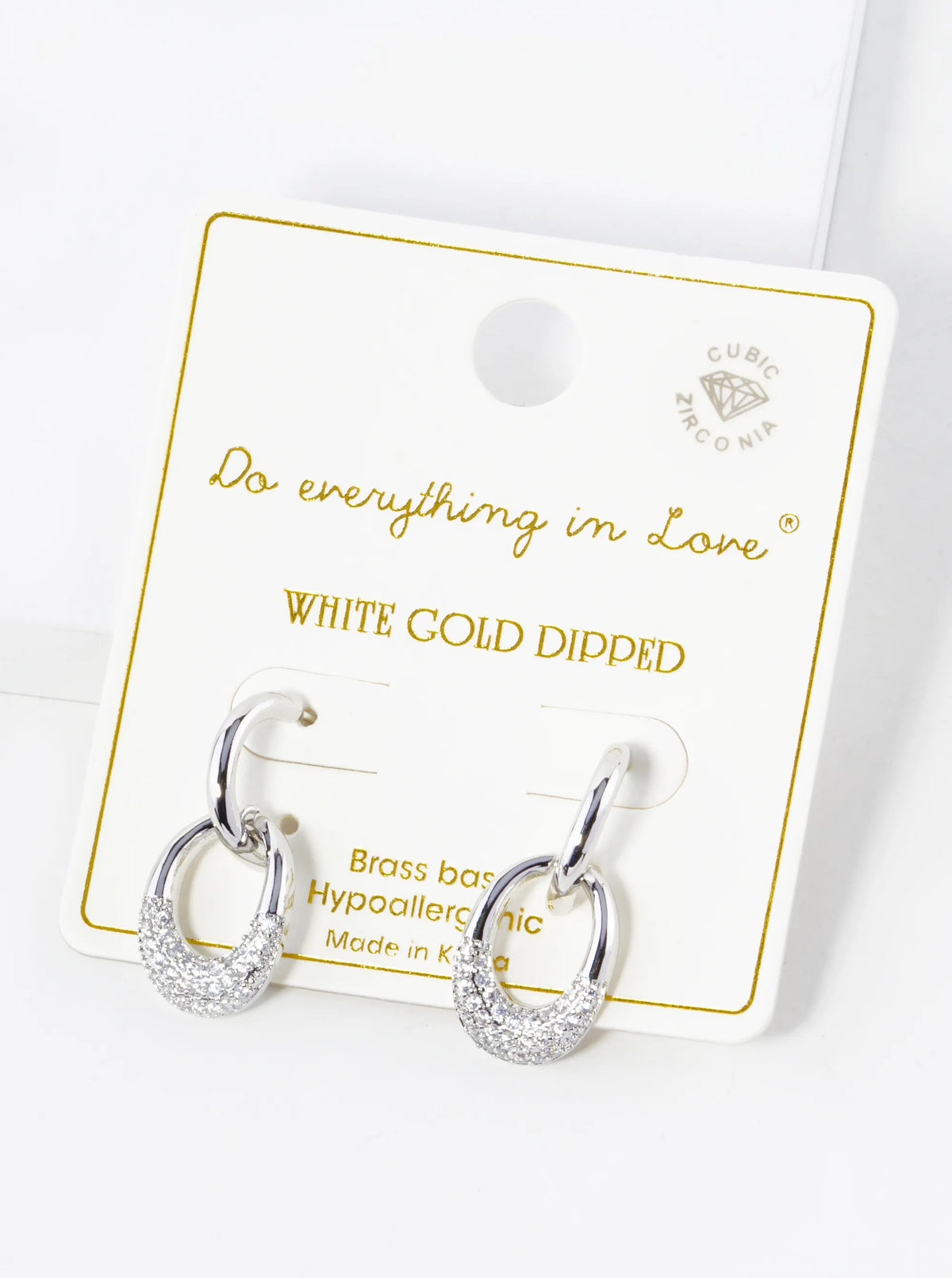 White Gold Dipped Cubic Zirconia Pave Oval Door Knocker Post Earrings