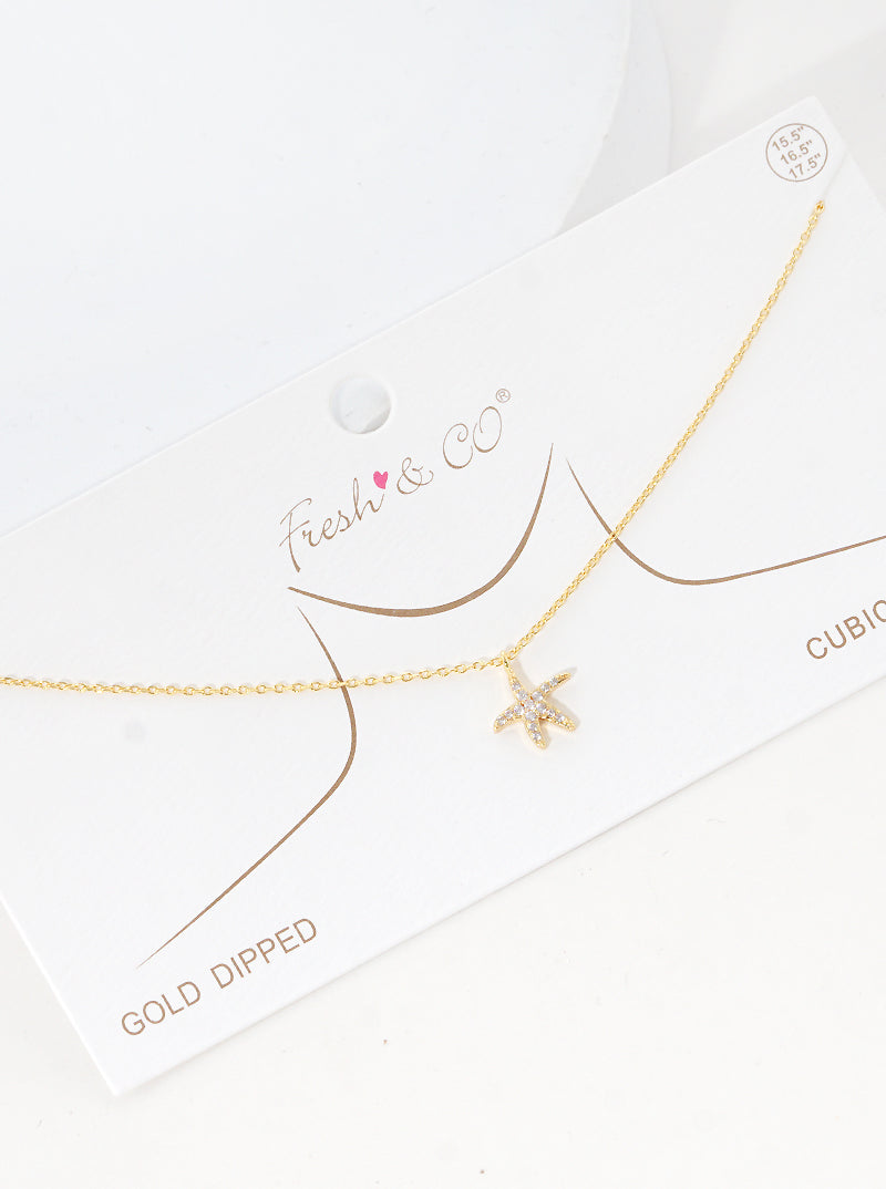 White Gold Dipped Cubic Zirconia Pave Sea Life Starfish Pendant Delicate Necklace