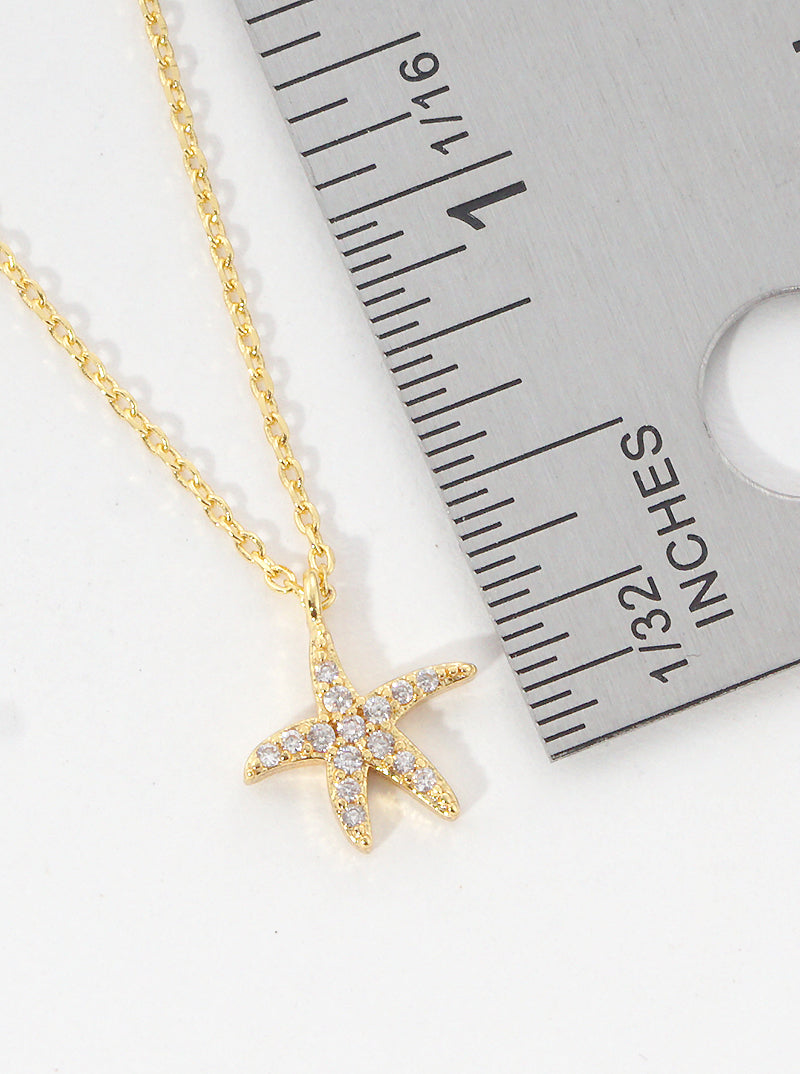 White Gold Dipped Cubic Zirconia Pave Sea Life Starfish Pendant Delicate Necklace