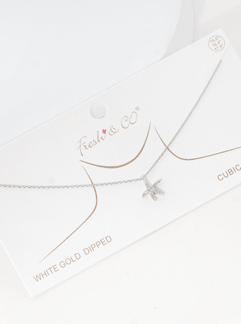 White Gold Dipped Cubic Zirconia Pave Sea Life Starfish Pendant Delicate Necklace
