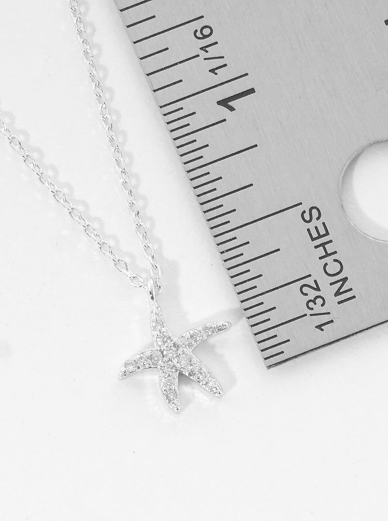 White Gold Dipped Cubic Zirconia Pave Sea Life Starfish Pendant Delicate Necklace