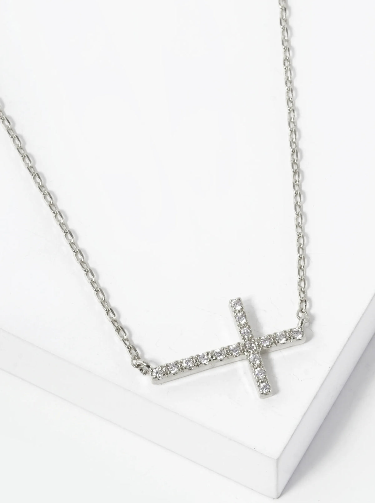 White Gold Dipped Cubic Zirconia Pave Sideways Cross Pendant Necklace