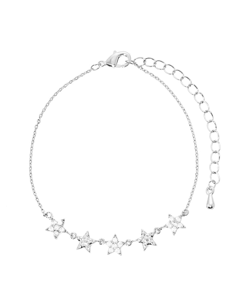 White Gold Dipped Cubic Zirconia Pave Star Aligned Bracelet