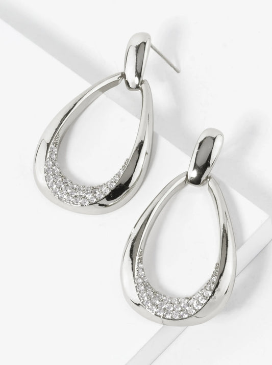 White Gold Dipped Cubic Zirconia Pave Teardrop Post Earrings