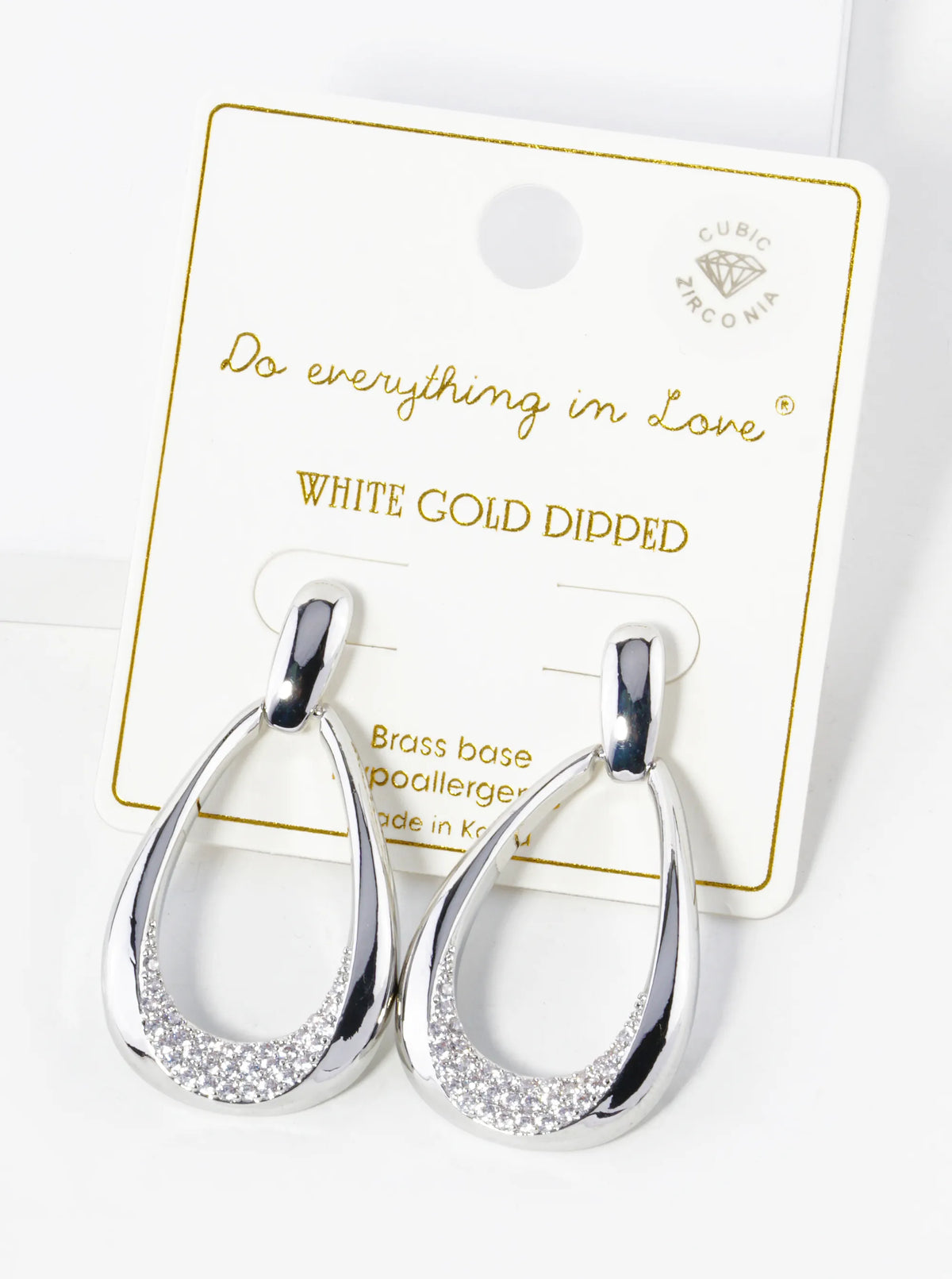White Gold Dipped Cubic Zirconia Pave Teardrop Post Earrings