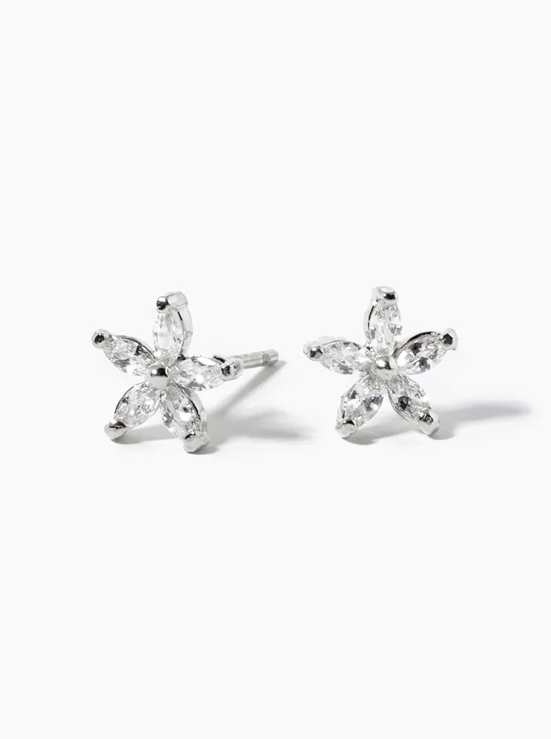 White Gold Dipped Dainty CZ Flower Post Stud Earrings