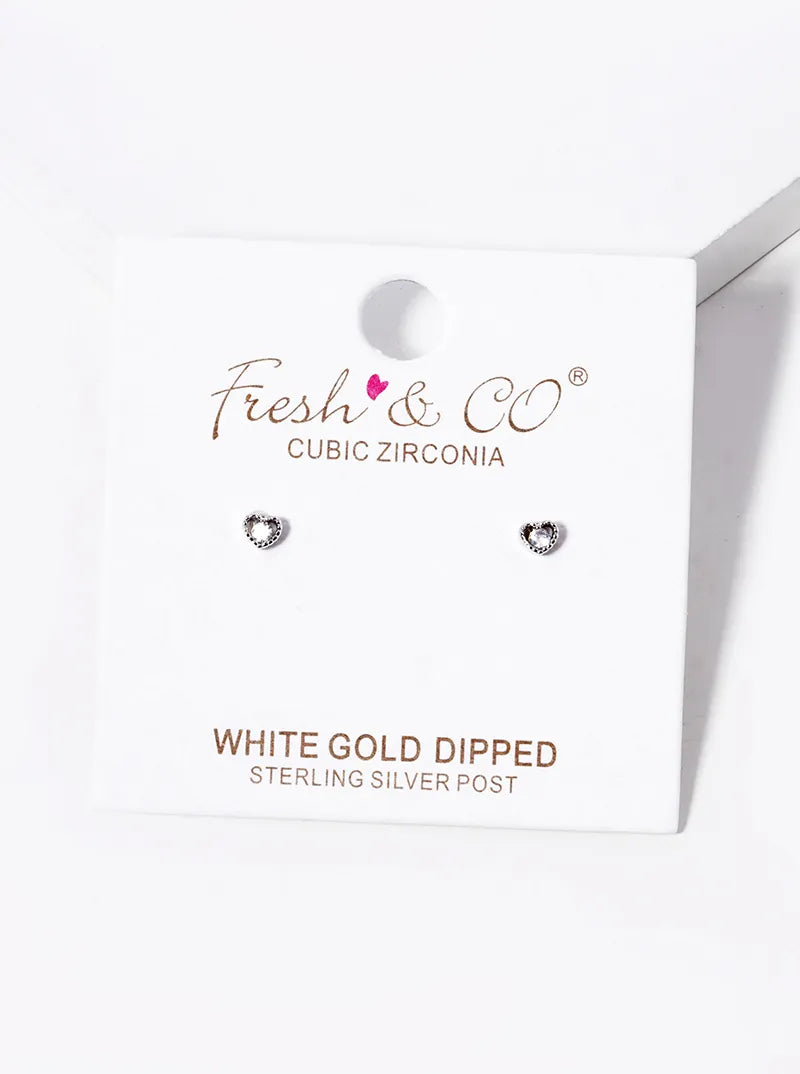 White Gold Dipped Dainty CZ Heart Post Stud Earrings
