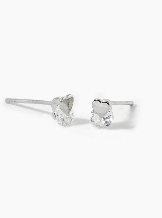 White Gold Dipped Dainty CZ Stone Heart Stud Earrings