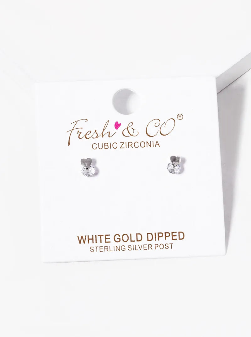 White Gold Dipped Dainty CZ Stone Heart Stud Earrings