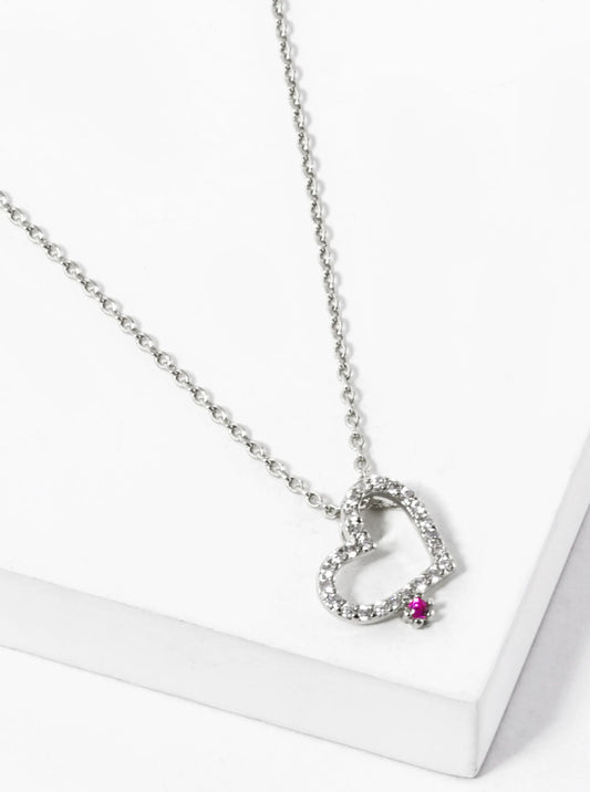White Gold Dipped Dainty Heart With Pink Stone Pendant Necklace