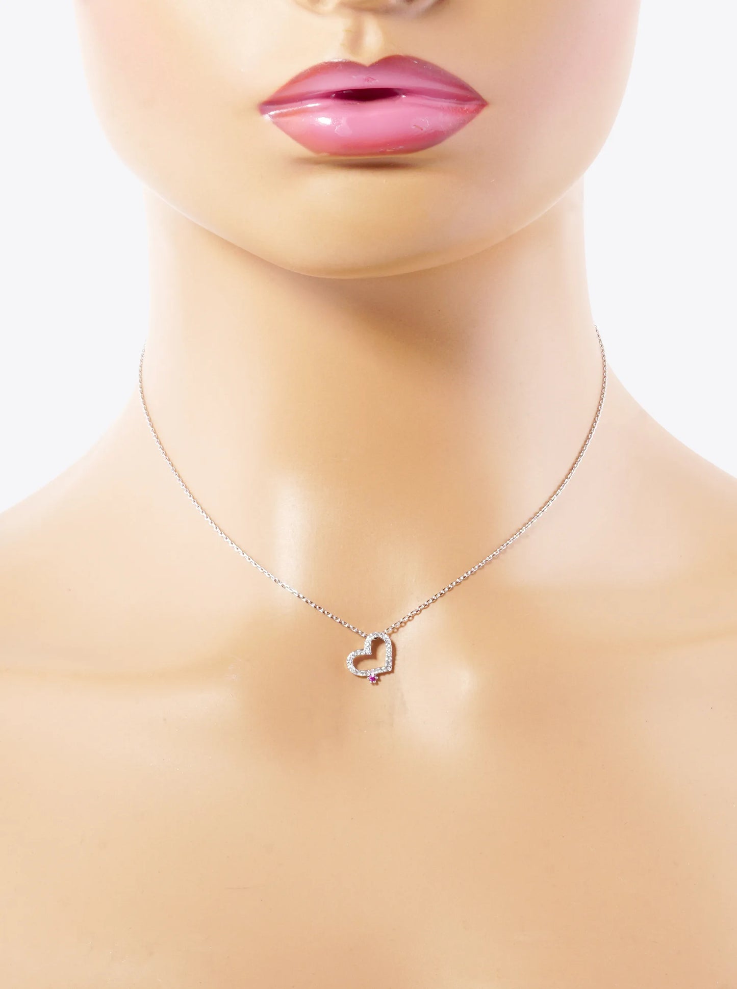 White Gold Dipped Dainty Heart With Pink Stone Pendant Necklace