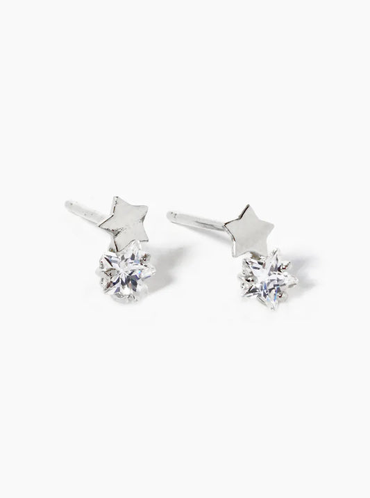 White Gold Dipped Delicate CZ Double Stars Post Stud Earrings