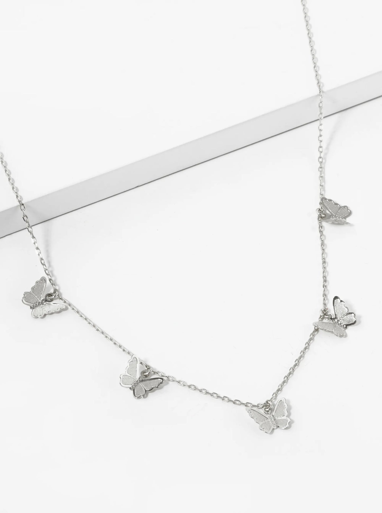 White Gold Dipped Delicate Textured Brass Five Butterflies Pendant Necklace