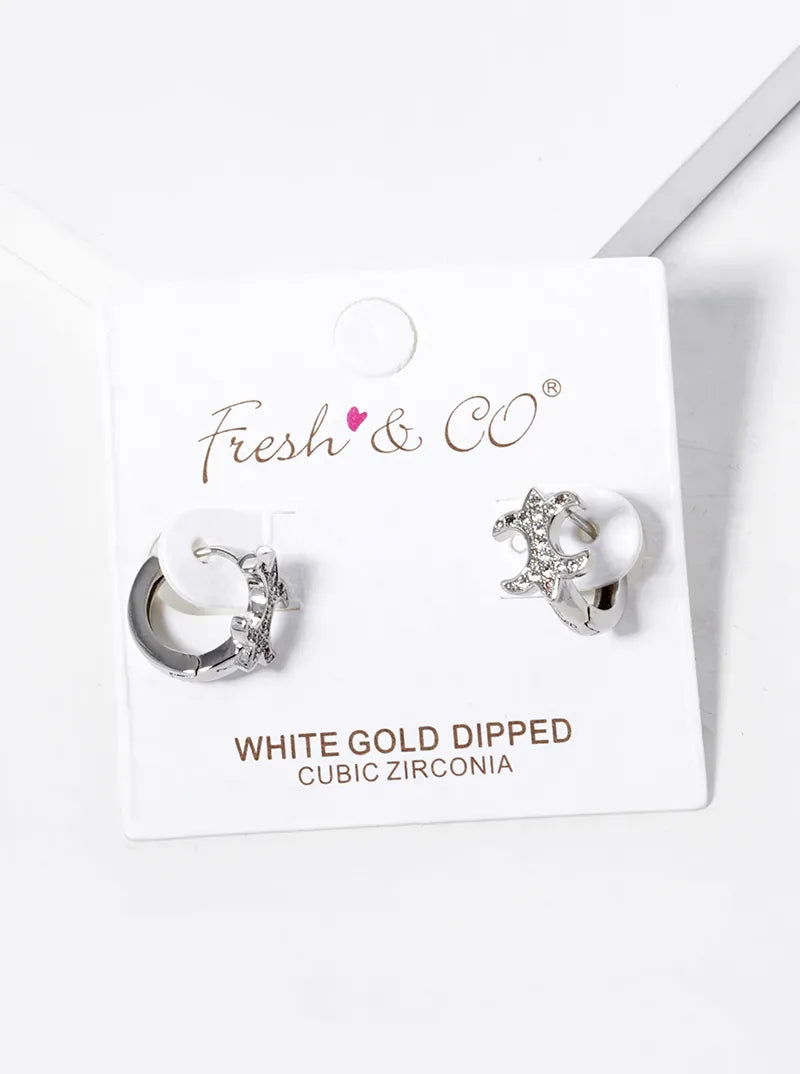White Gold Dipped Designer Inspired CZ Pave Huggie Hoop Earrings