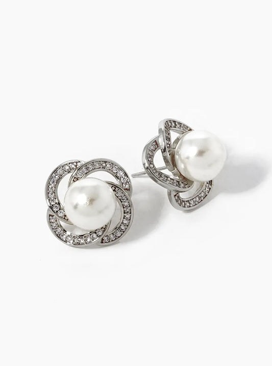 White Gold Dipped Designer Inspired CZ Pave Pearl Flower Stud Earrings