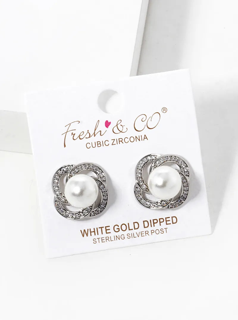 White Gold Dipped Designer Inspired CZ Pave Pearl Flower Stud Earrings