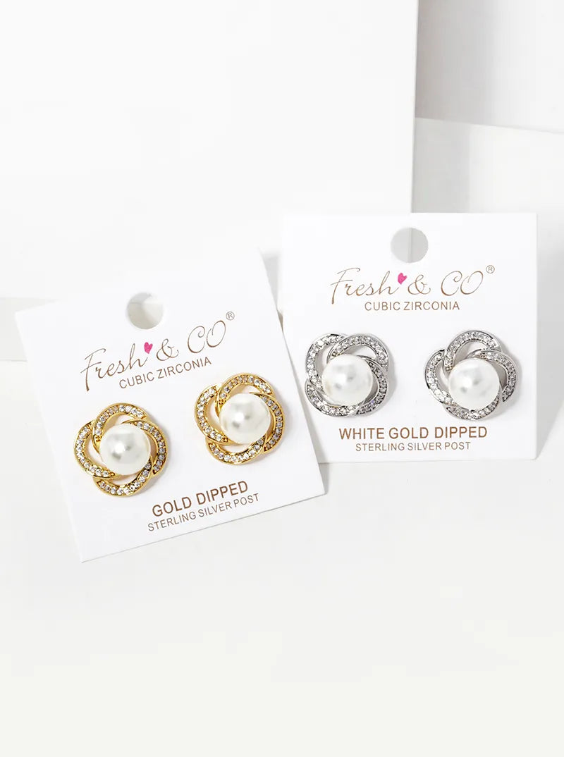 White Gold Dipped Designer Inspired CZ Pave Pearl Flower Stud Earrings
