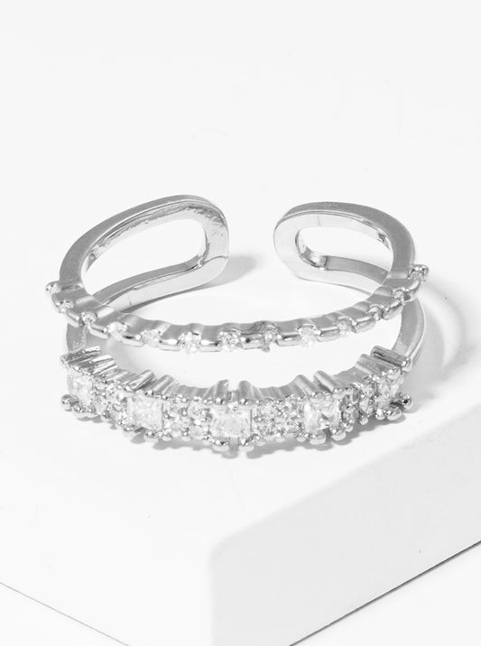 White Gold Dipped Double Row CZ Adjustable Cuff Ring