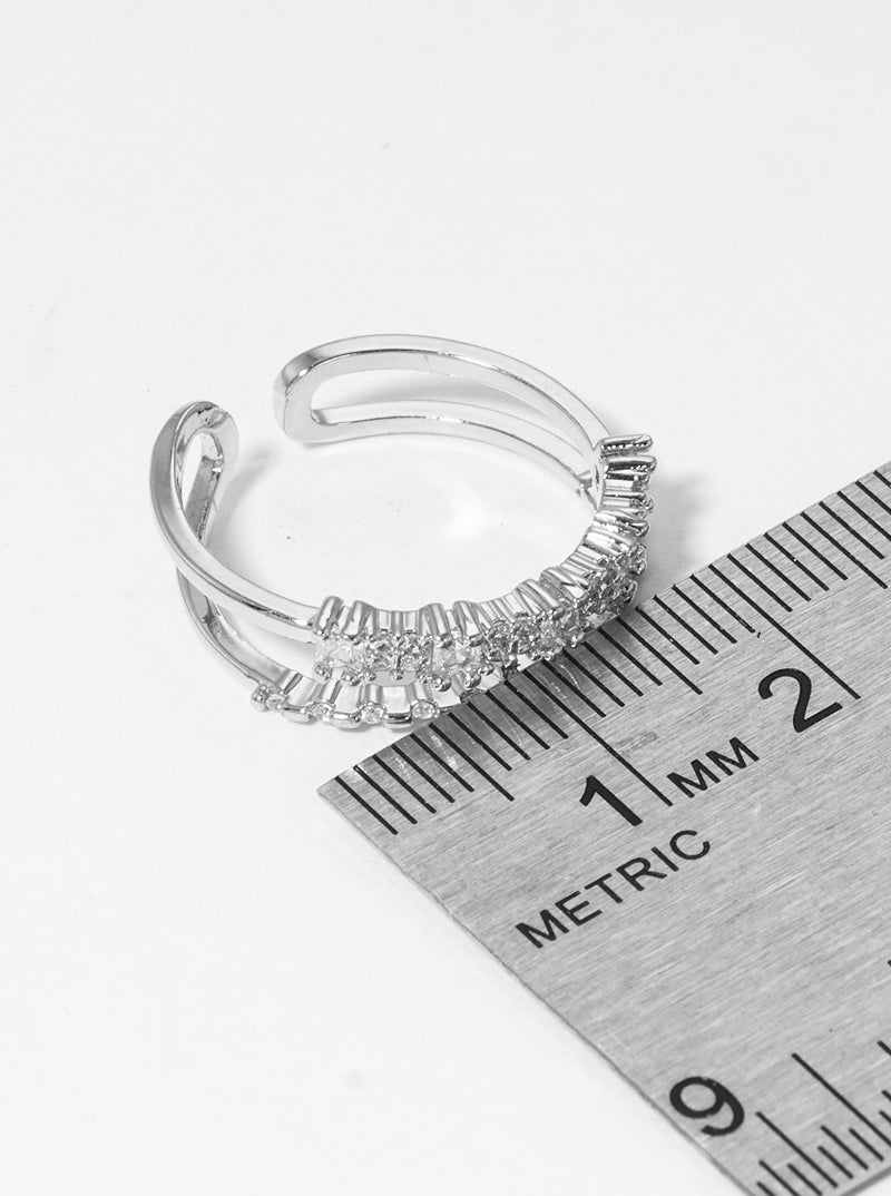 White Gold Dipped Double Row CZ Adjustable Cuff Ring