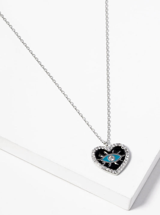 White Gold Dipped Enamel Evil Eye In CZ Pave Heart Pendant Necklace